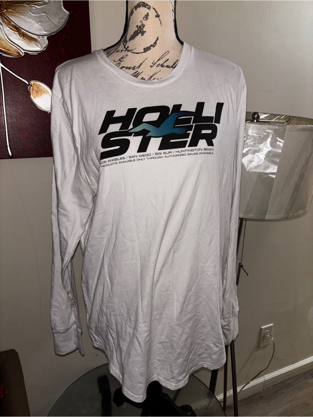 Hollister Men’s White Long-Sleeve Logo Tee with Teal Accent
